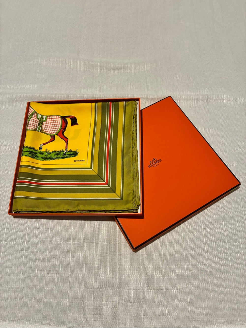 Hermes Silk Scarf Couvertures et Tenues de Jour Yellow with Box Authentic